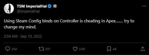 TSM ImperialHal complains that Controller Configs on Steam is cheating back in 2022.